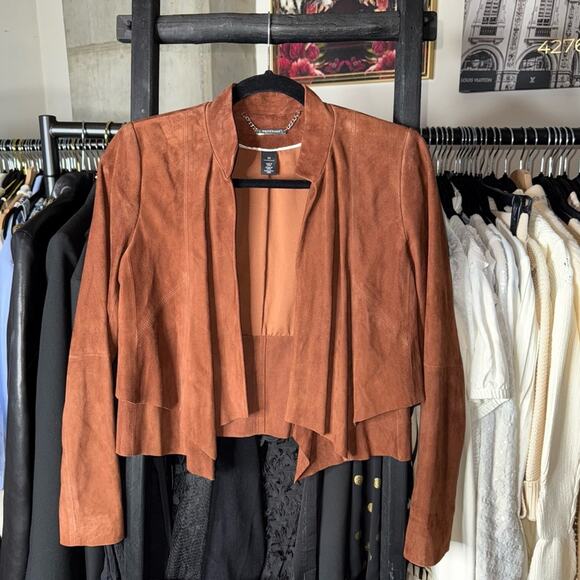 White House Black Market Rich Mahogany Suede Cascade Lapel Jacket 100% Leather - Picture 1 of 6